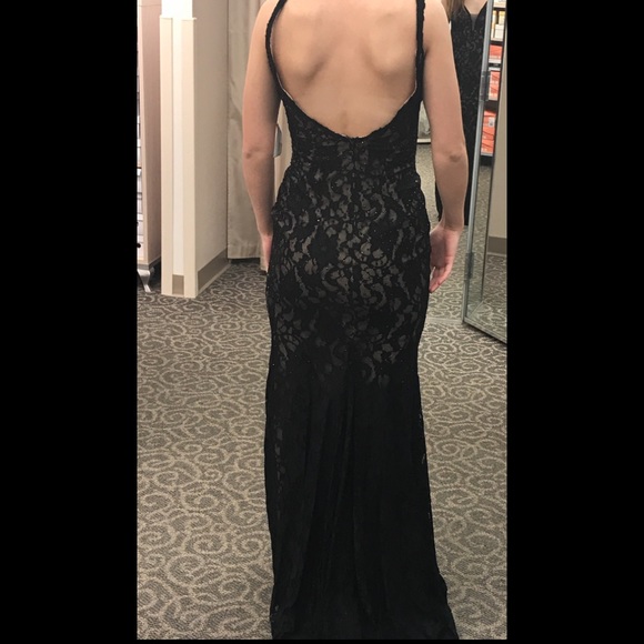 BLACK LACE PROM DRESS WITH TAN UNDERLAY - Picture 2 of 6